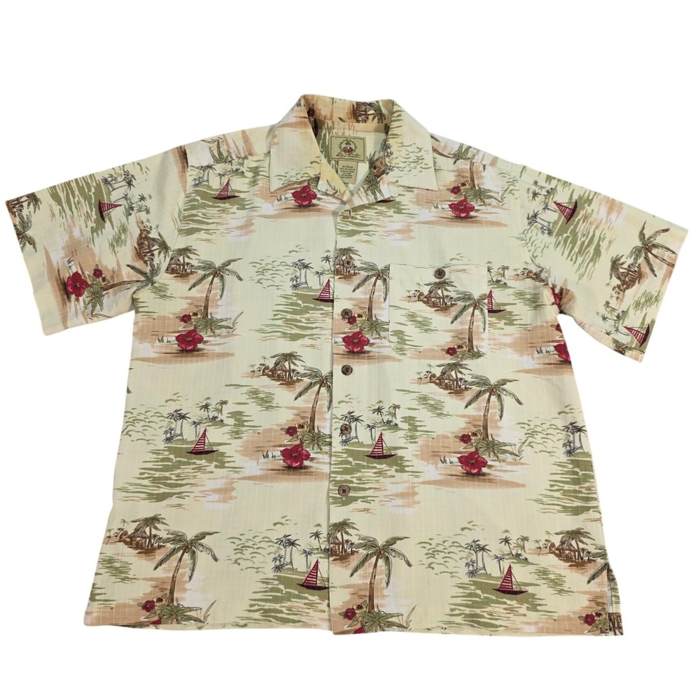 Joe Marlin Mens Large Tropical Island Palm Tree Rayon Blend Camp Shirt Cream L